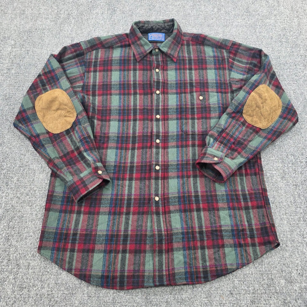 VTG‎ Pendleton Wool Plaid Flannel Shirt Mens Large Elbow Patches Button Up Red